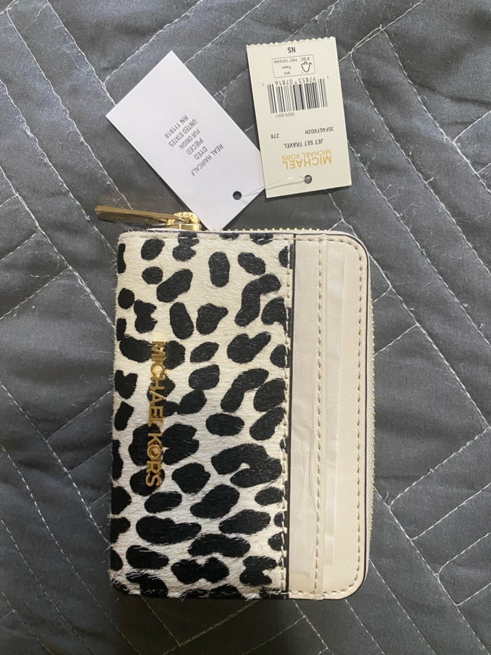 Michael Kors Black & Cream Leopard Zip Card Case Wallet